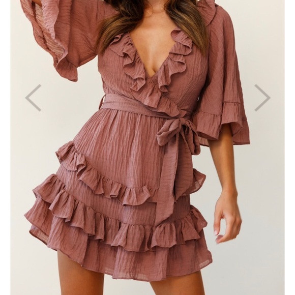 Time Will Tell Angel Sleeve Frill Detail Dress Antique Rose - Picture 1 of 5